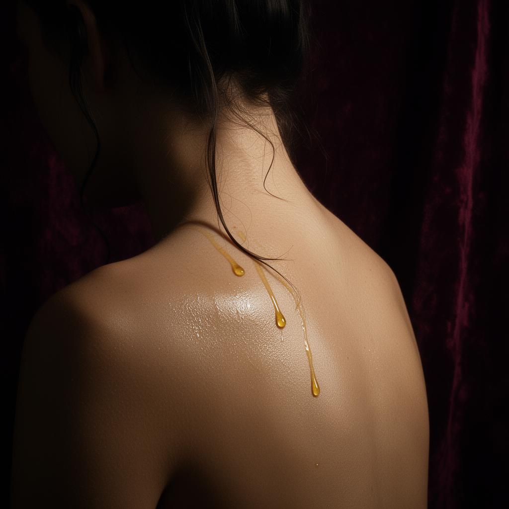 Retrato editorial: ombro feminino com óleo dourado escorrendo, atmosfera cinematográfica